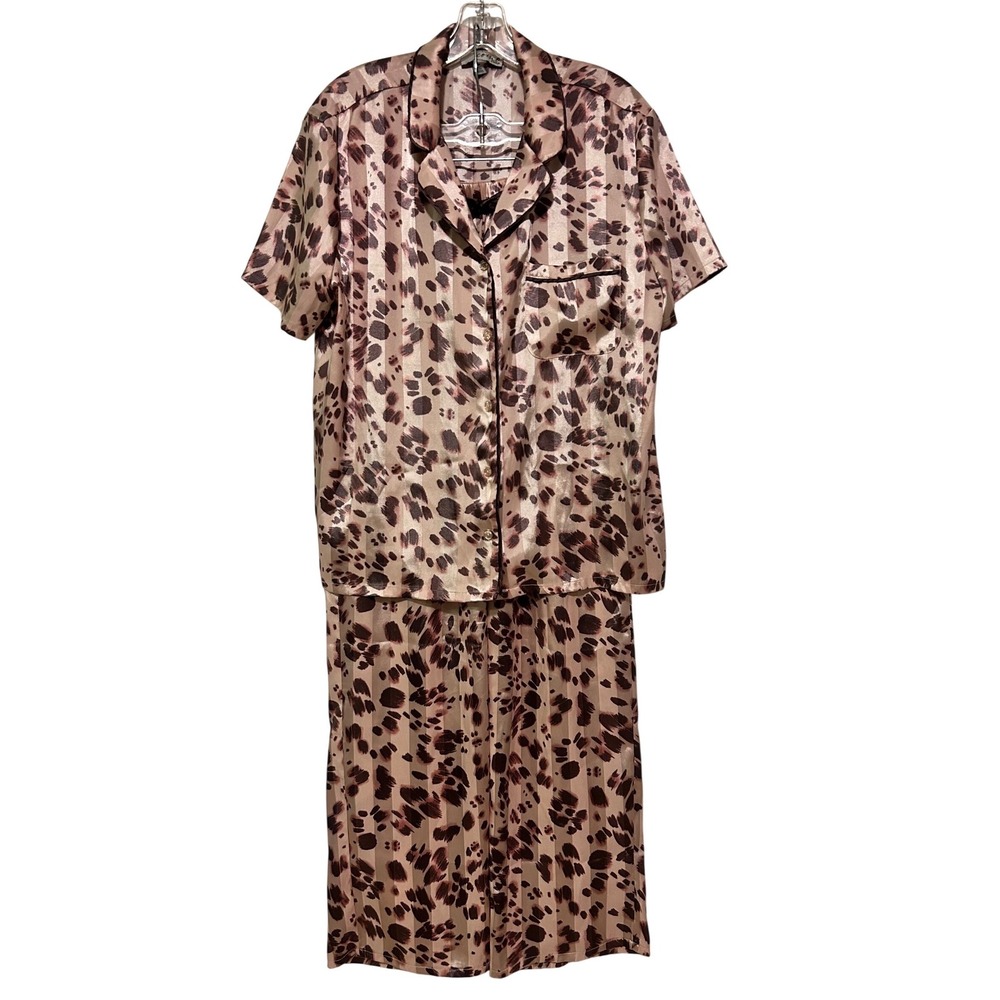 Como Sleep Womens Pink Leopard Striped Satin Pajama Pant Set Button Front Size M